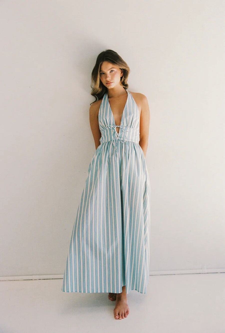Juni Australia Lily Midi SunDress Blue Stripe Halter Sz 8 100% Cotton Summer NWT